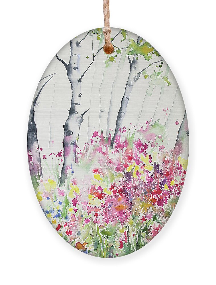 Aspen Ornament featuring the painting Watercolor - Birch and Wildflowers by Cascade Colors