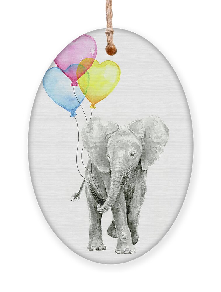Elephant Ornament featuring the painting Watercolor Elephant with Heart Shaped Balloons by Olga Shvartsur