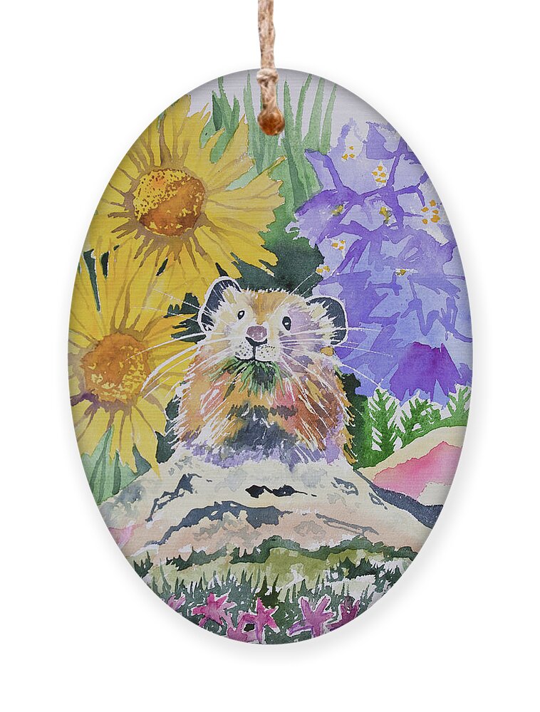 Pika Ornament featuring the painting Watercolor - Pika with Wildflowers by Cascade Colors