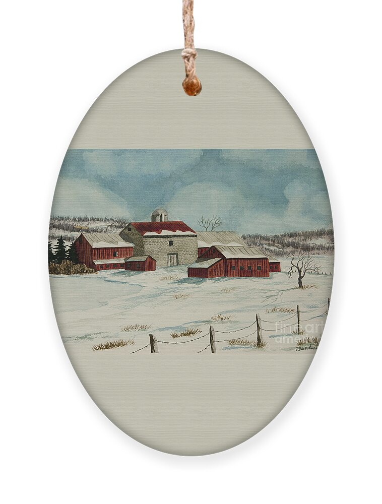 Winter Scene Paintings Ornament featuring the painting West Winfield Farm by Charlotte Blanchard