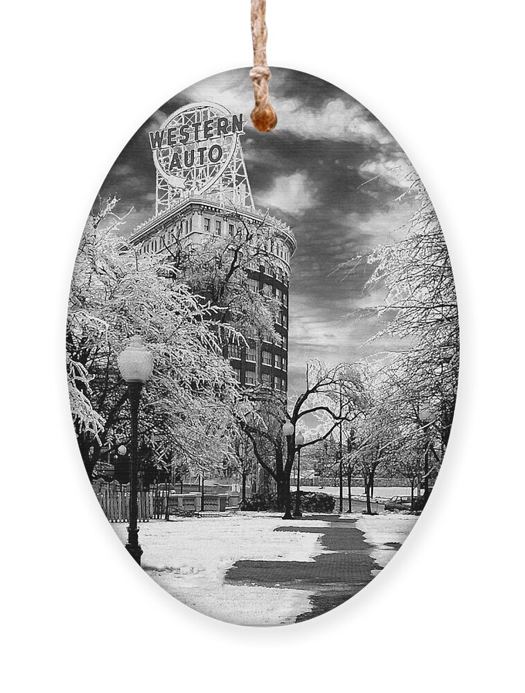 Western Auto Kansas City Ornament featuring the photograph Western Auto In Winter by Steve Karol