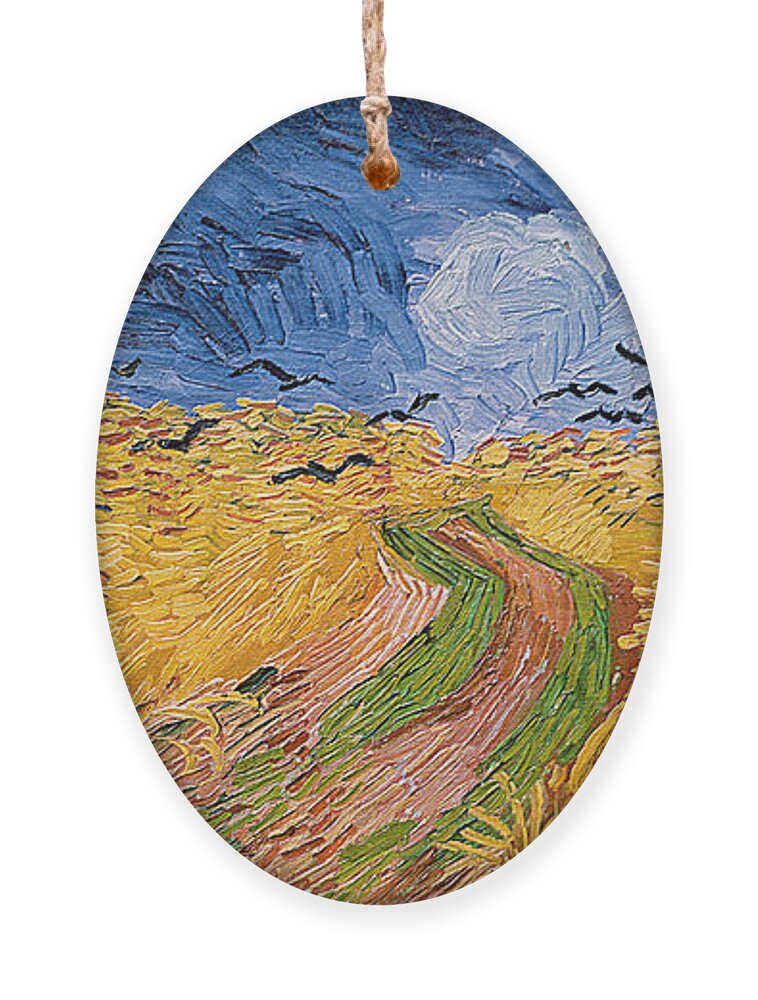 Landscape;post-impressionist; Summer; Wheat; Field; Birds; Threatening; Sky; Cloud; Post-impressionism Ornament featuring the painting Wheatfield with Crows by Vincent van Gogh