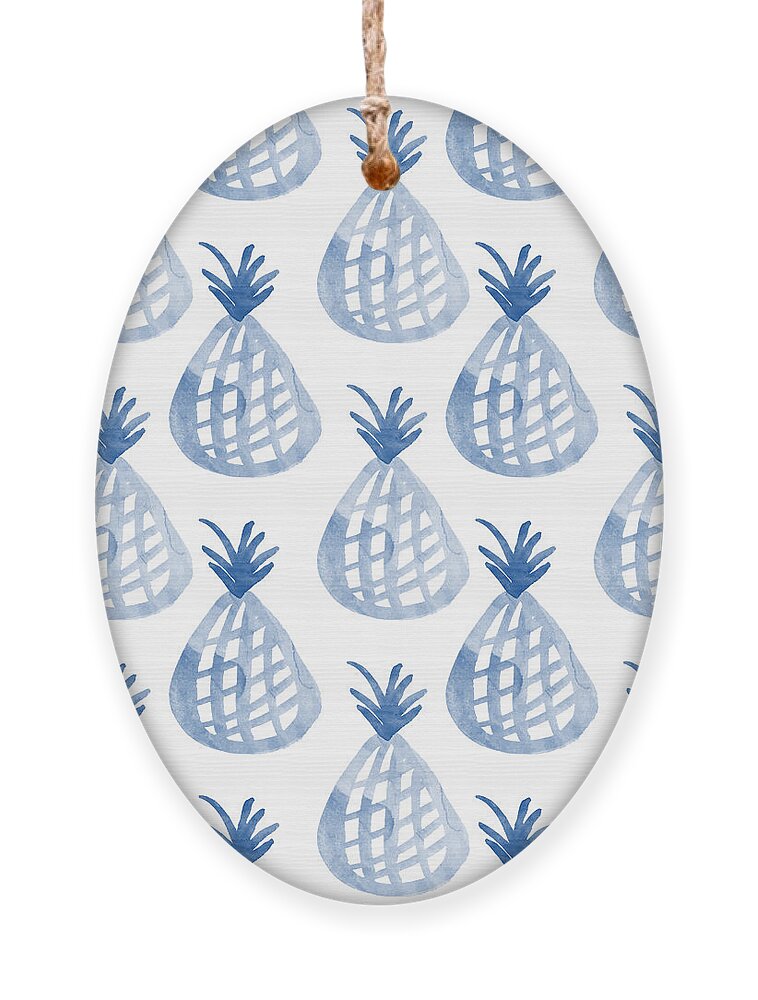 Pineapple Ornament featuring the mixed media White and Blue Pineapple Party by Linda Woods