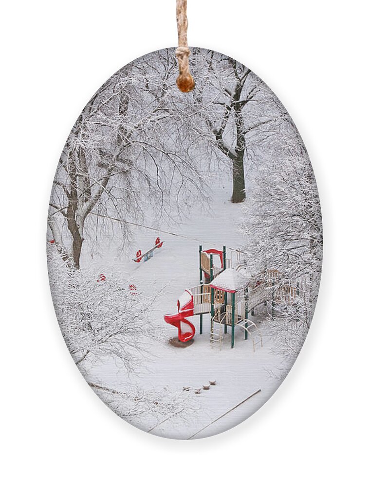 Christmas Ornament featuring the photograph White Christmas Red Playhouse by Charline Xia