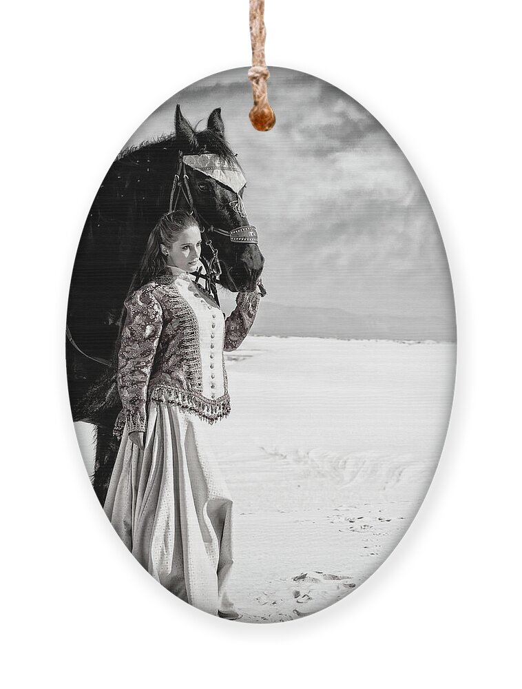 Black & White Ornament featuring the photograph White Sands Horse and Rider #2c by Walter Herrit