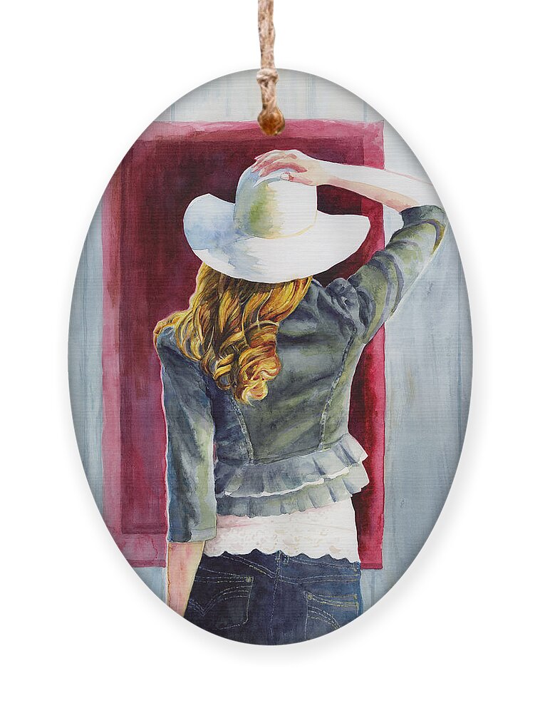 Girl Ornament featuring the painting Window of Time by Hailey E Herrera