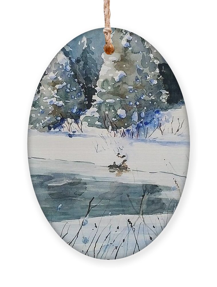 Landscape Ornament featuring the painting Winter Blues by Sheila Romard