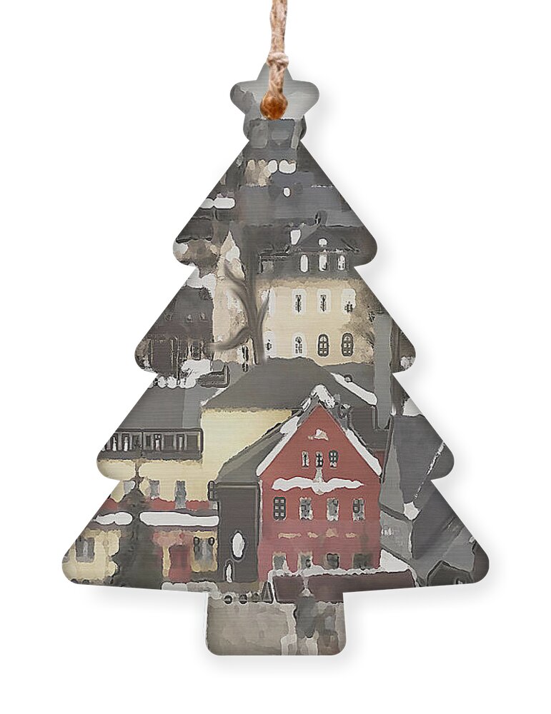 Folk Art Ornament featuring the mixed media Winter Village with Red House by Shelli Fitzpatrick