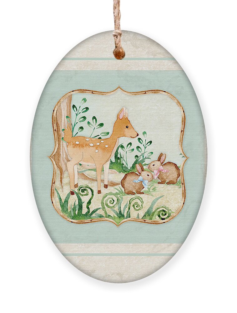 Woodland Ornament featuring the painting Woodland Fairy Tale - Deer Fawn Baby Bunny Rabbits in Forest by Audrey Jeanne Roberts