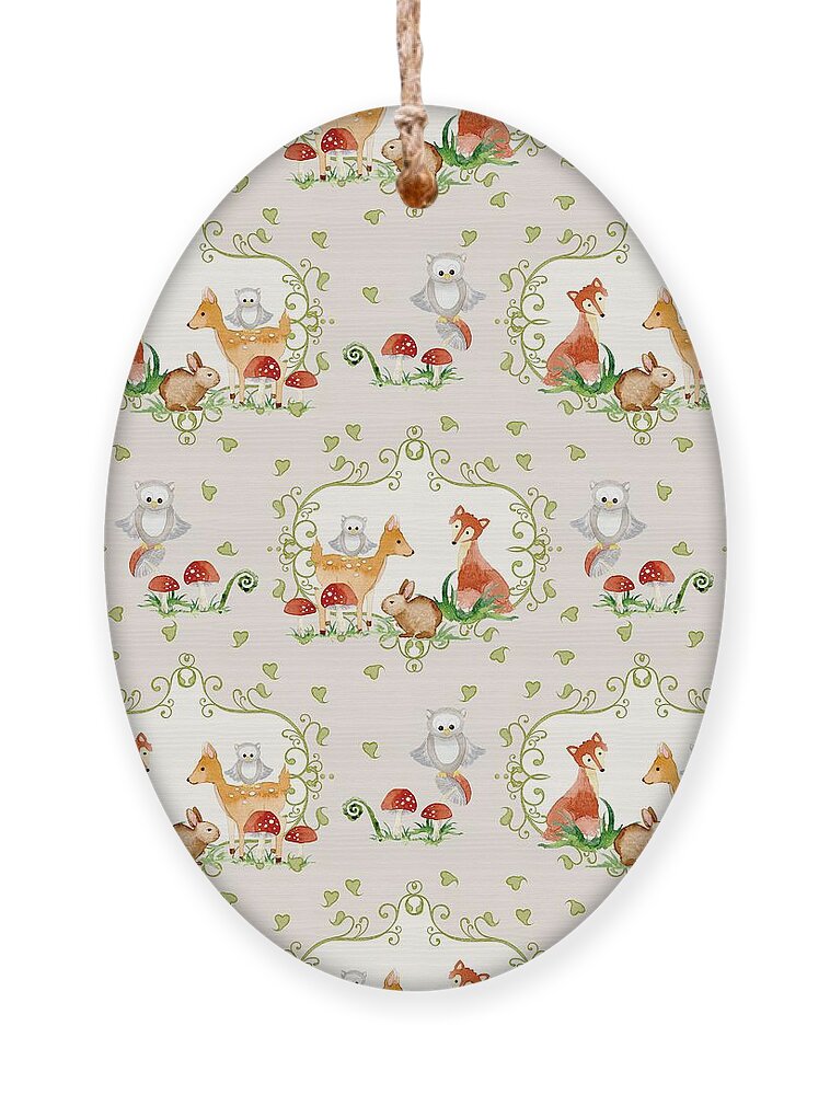 Grey Ornament featuring the painting Woodland Fairy Tale - Warm Grey Sweet Animals Fox Deer Rabbit owl - Half Drop Repeat by Audrey Jeanne Roberts