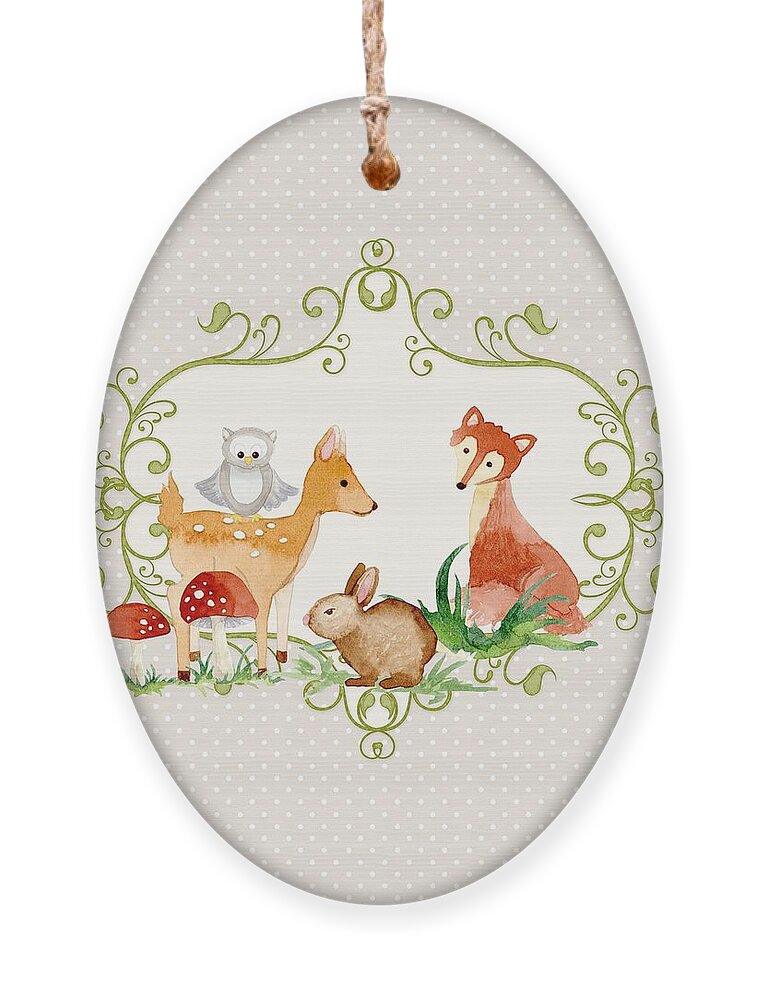 Grey Ornament featuring the painting Woodland Fairytale - Grey Animals Deer Owl Fox Bunny n Mushrooms by Audrey Jeanne Roberts