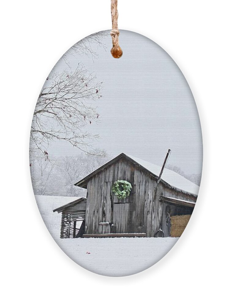 Christmas Wreath Ornament featuring the photograph Wreath Barn by Benanne Stiens
