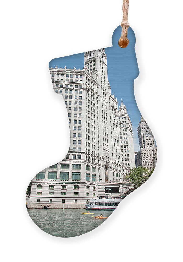 Boats Ornament featuring the photograph Wrigley Building Overlooking the Chicago River by David Levin