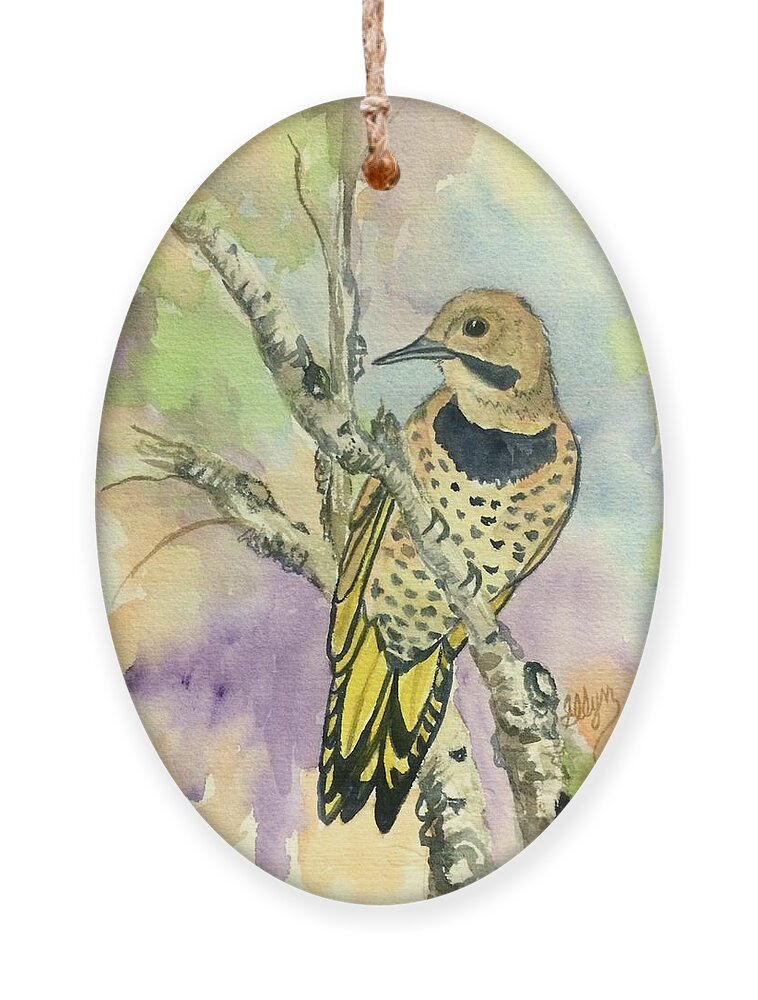 Yellow Shafted Flicker Ornament featuring the painting Yellow Shafted Northern Flicker by Ellen Levinson