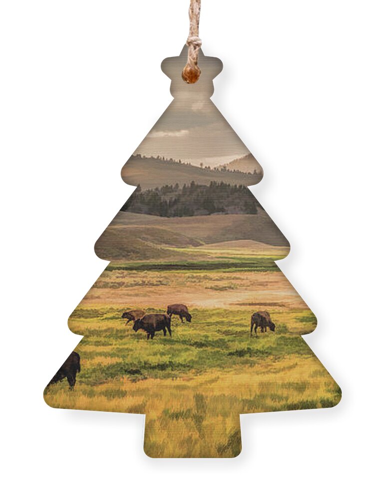 Yellowstone Ornament featuring the painting Yellowstone National Park Lamar Valley Bison Grazing by Christopher Arndt