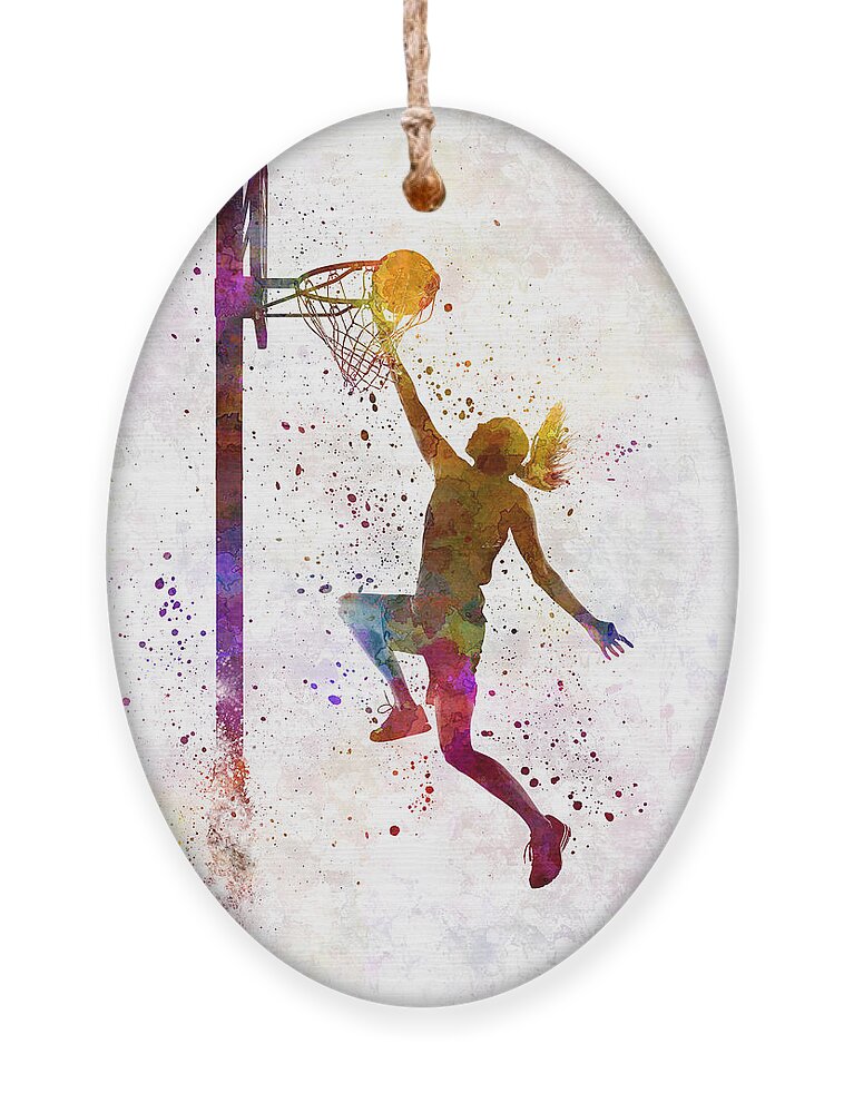 Young Woman Player In Watercolor Ornament featuring the painting Young woman basketball player 04 in watercolor by Pablo Romero