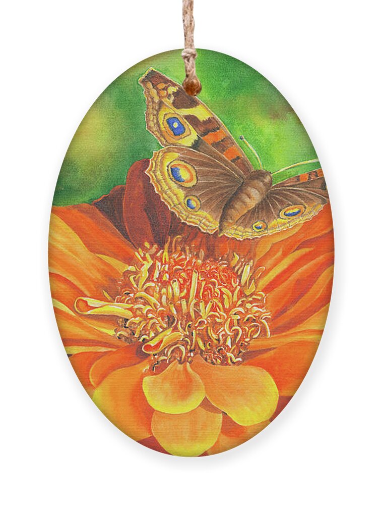 Zinnia With Butterfly Ornament featuring the painting Zinnia Runway by Lori Taylor