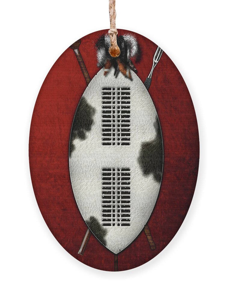 'war Shields' Collection By Serge Averbukh Ornament featuring the digital art Zulu War Shield with Spear and Club on Red Velvet by Serge Averbukh