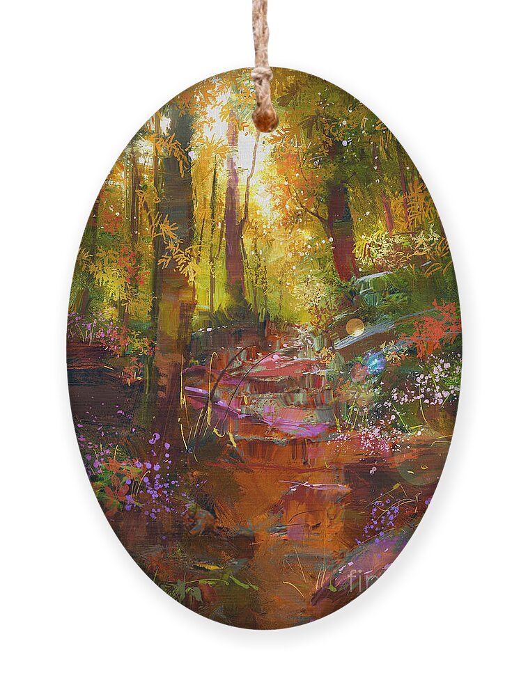 Forest Ornament featuring the digital art Landscape Painting Of Beautiful Autumn by Tithi Luadthong