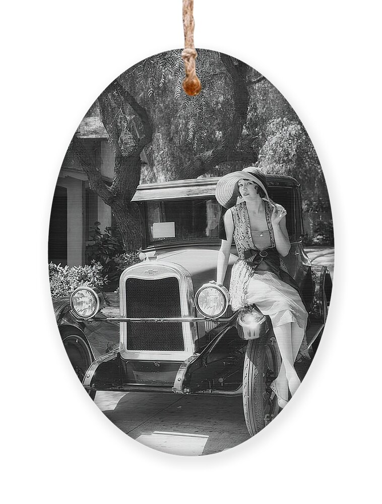 Vintage Ornament featuring the photograph 1920s Fashion Model With Car In Rural Setting by Retrographs