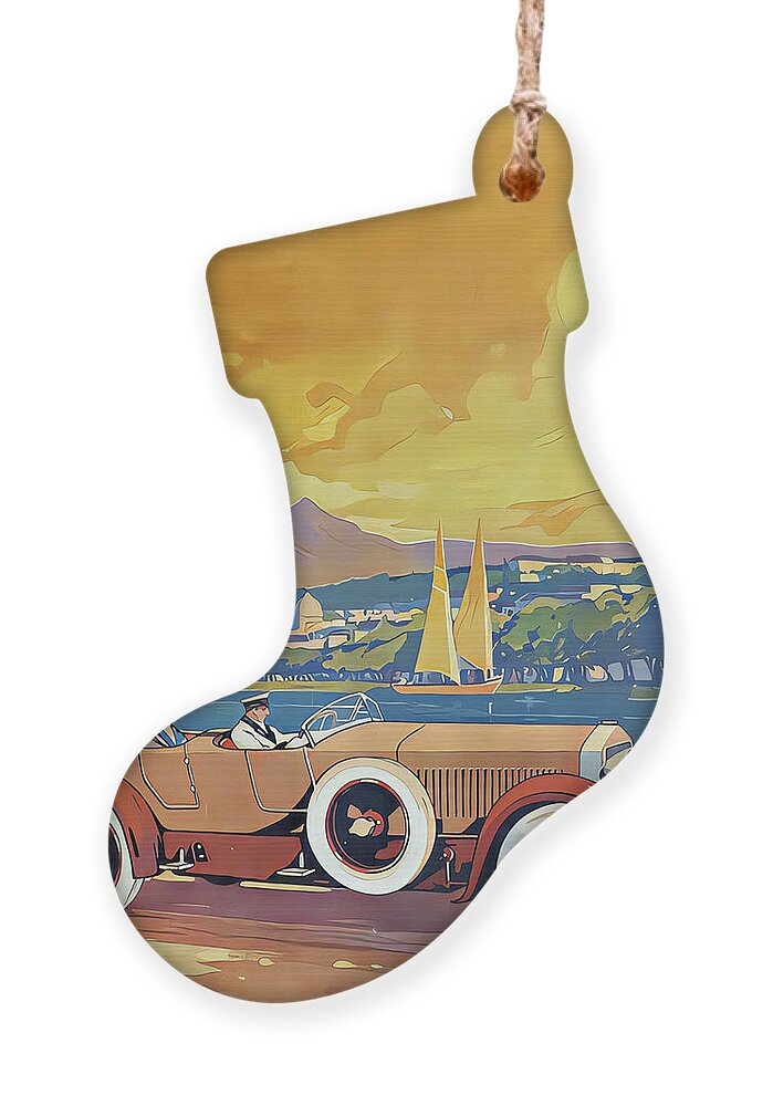 Vintage Ornament featuring the mixed media 1926 Open Touring Car With Passengers Ocean Setting Original French Art Deco Illustration by Retrographs
