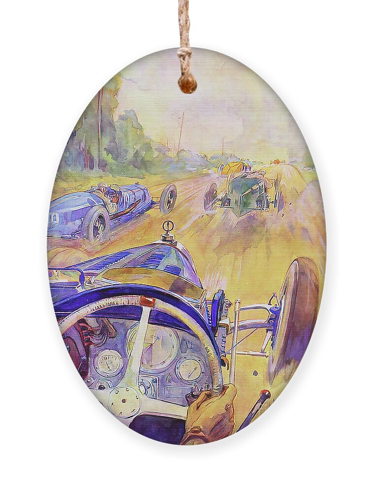 Vintage Ornament featuring the painting 1927 Bugatti Racing With Other Vehicles by Geo Ham