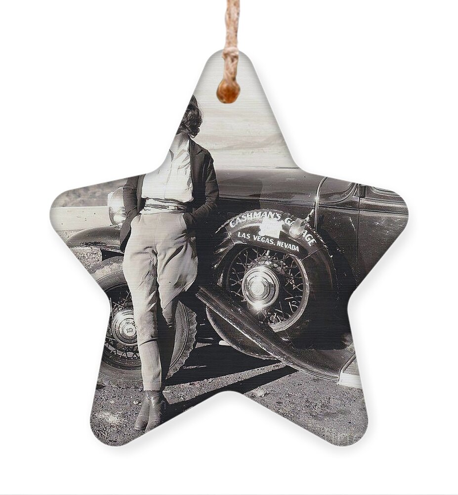 Vintage Ornament featuring the photograph 1930s Myrna Loy With Ford Coupe In Las Vegas by Retrographs
