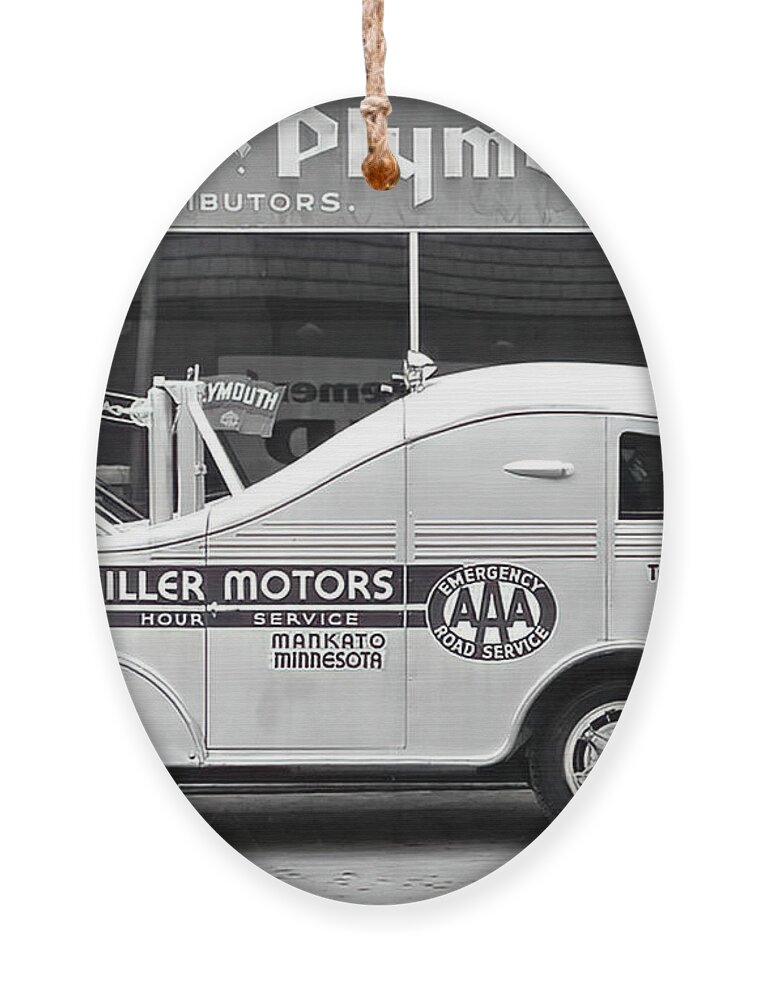 Vintage Ornament featuring the photograph 1940s Desoto Plymouth Miller Motors Art Deco Tow Truck by Retrographs