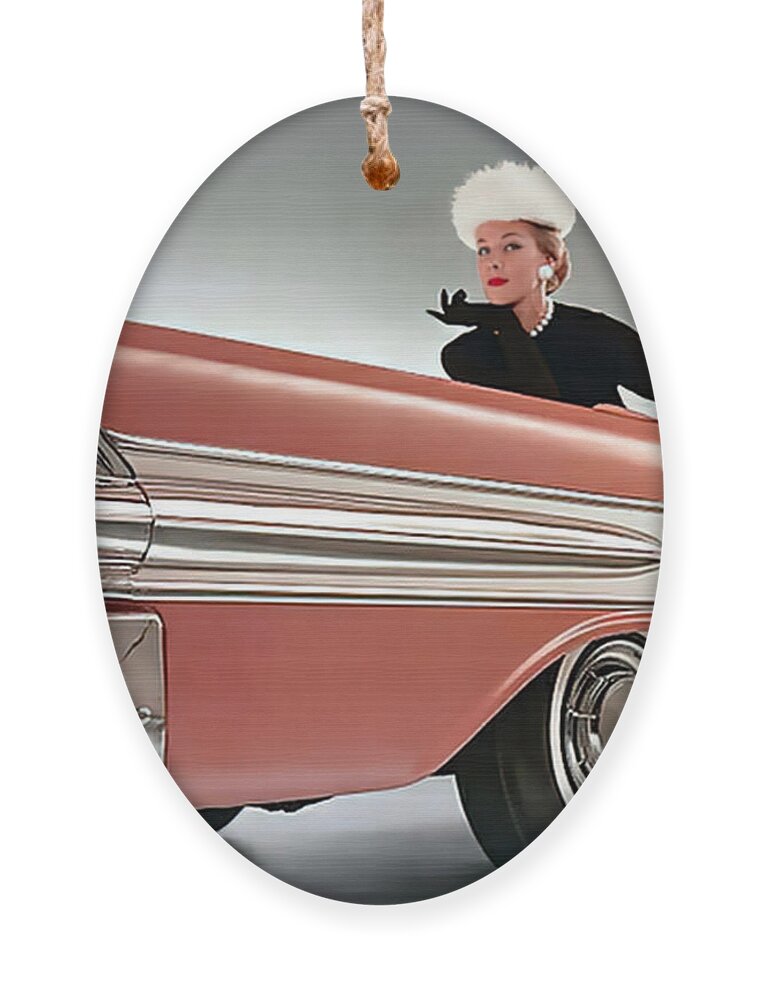 Vintage Ornament featuring the photograph 1957 Pontiac Catalina with fashion model by Retrographs