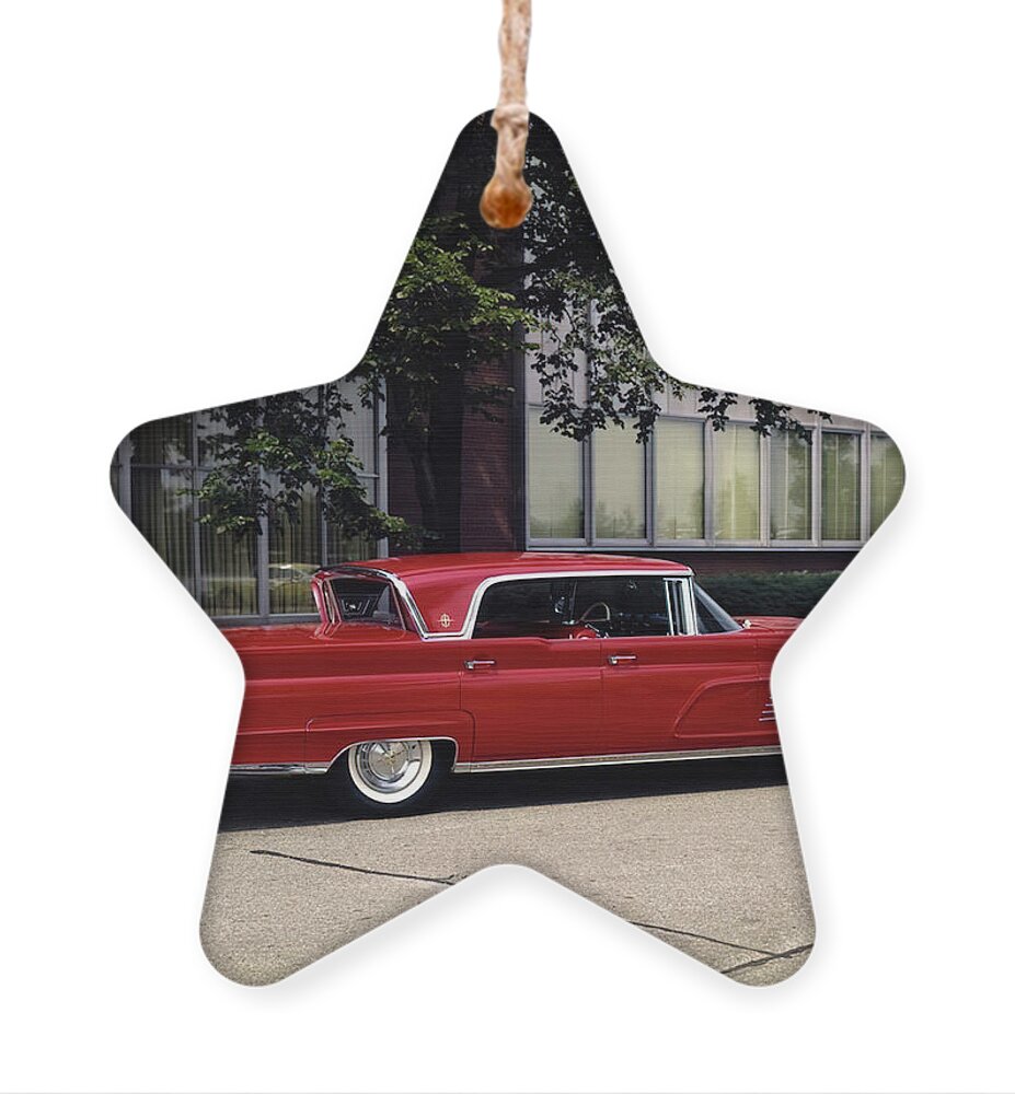Vintage Ornament featuring the photograph 1960 Lincoln Continental Sedan With Admiring Couple by Retrographs