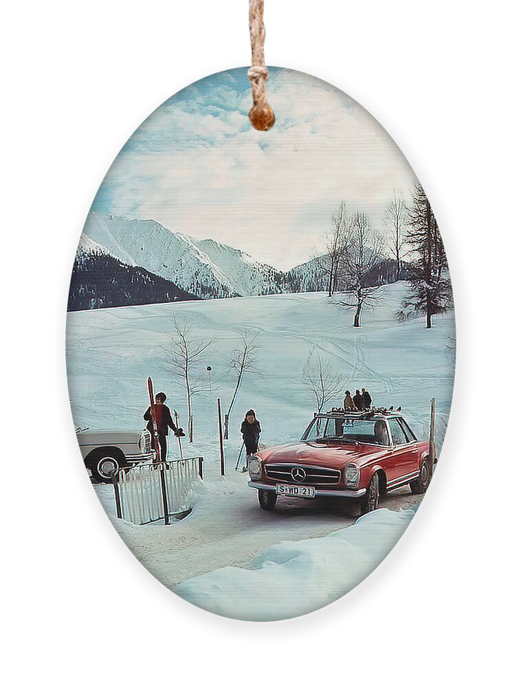 Vintage Ornament featuring the photograph 1966 Mercedes Benz 230sl With Skiers Mountain Setting by Retrographs