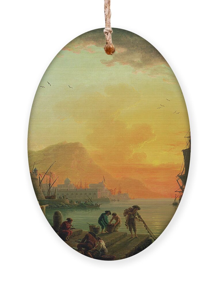 A Calm At A Mediterranean Port Ornament featuring the painting A Calm at a Mediterranean Port by Claude Joseph Vernet by Rolando Burbon