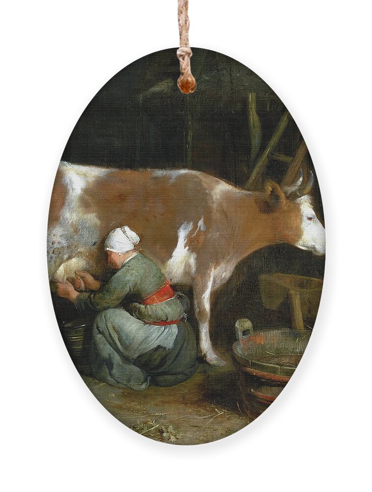 Gerard Ter Borch Ornament featuring the painting A Maid Milking a Cow in a Barn by Audrey Jeanne Roberts