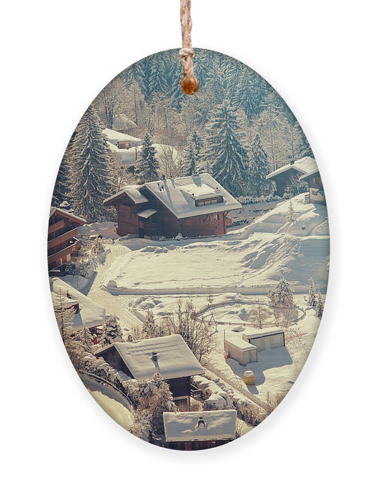 Hut Ornament featuring the photograph A Quaint Village In The Swiss Alps by Saphotog