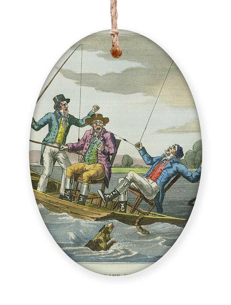 Fishing Ornament featuring the mixed media A Sharp Bite by unsigned attributed to Edward Barnard