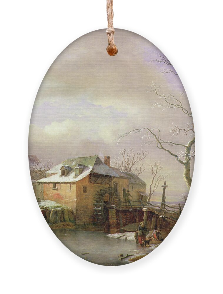 Skating Ornament featuring the painting A Winter Landscape With Peasants On A Frozen Millpond By A Village by Ignatius Josephus Van Regemorter