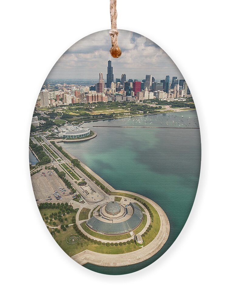 3scape Ornament featuring the photograph Adler Planetarium, Shedd, and Chicago Skyline by Adam Romanowicz