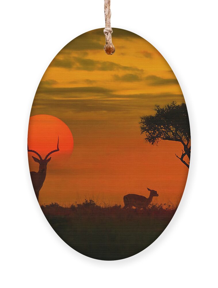 Fur Ornament featuring the photograph African Sunset With Silhouette by Byelikova Oksana