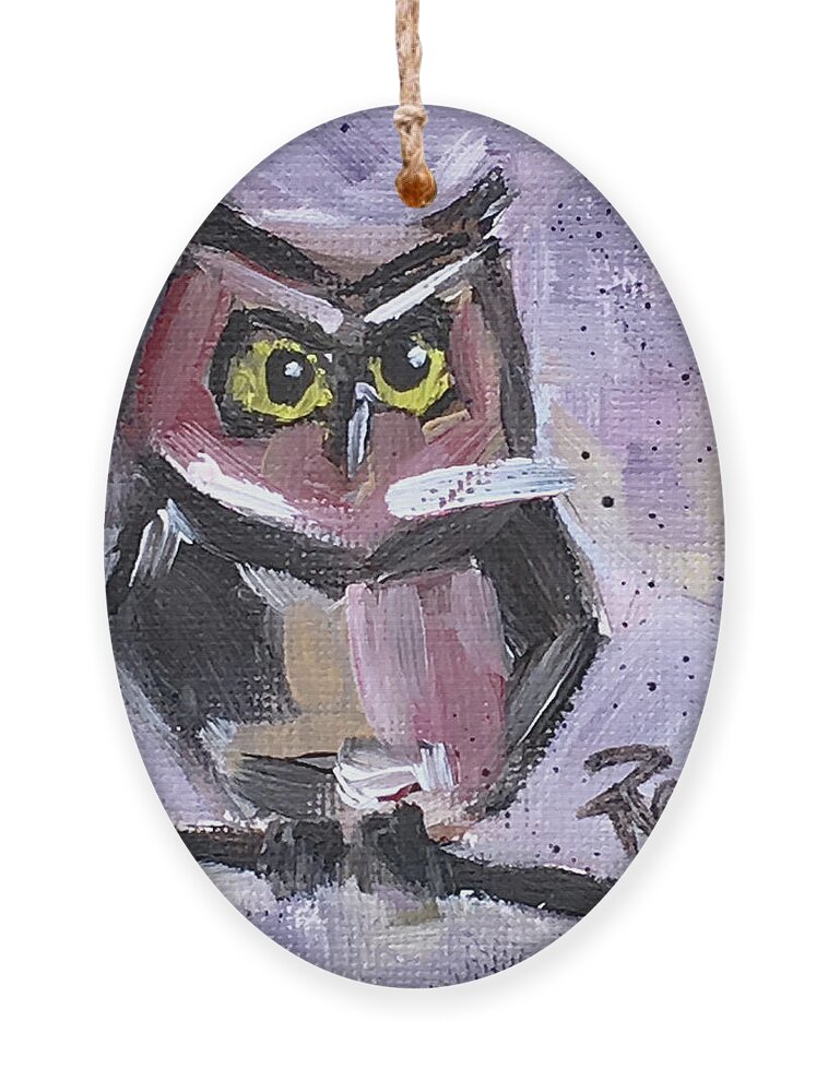 Owl Ornament featuring the painting Annoyed Little Owl by Roxy Rich