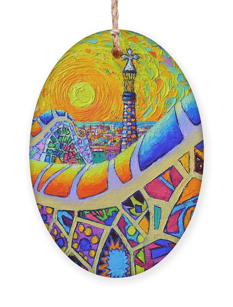 Barcelona Ornament featuring the painting BARCELONA SUNRISE PARK GUELL textural impressionist impasto knife oil painting by Ana Maria Edulescu by Ana Maria Edulescu