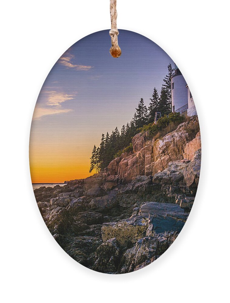 Cliffs Ornament featuring the photograph Bass Harbor Lighthouse At Sunset by Jon Bilous