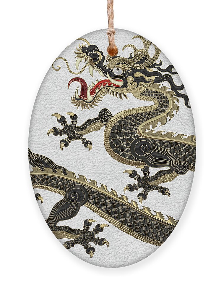 ‘the Great Dragon Spirits’ Collection By Serge Averbukh Ornament featuring the digital art Black and Gold Sacred Eastern Dragon over White Leather by Serge Averbukh