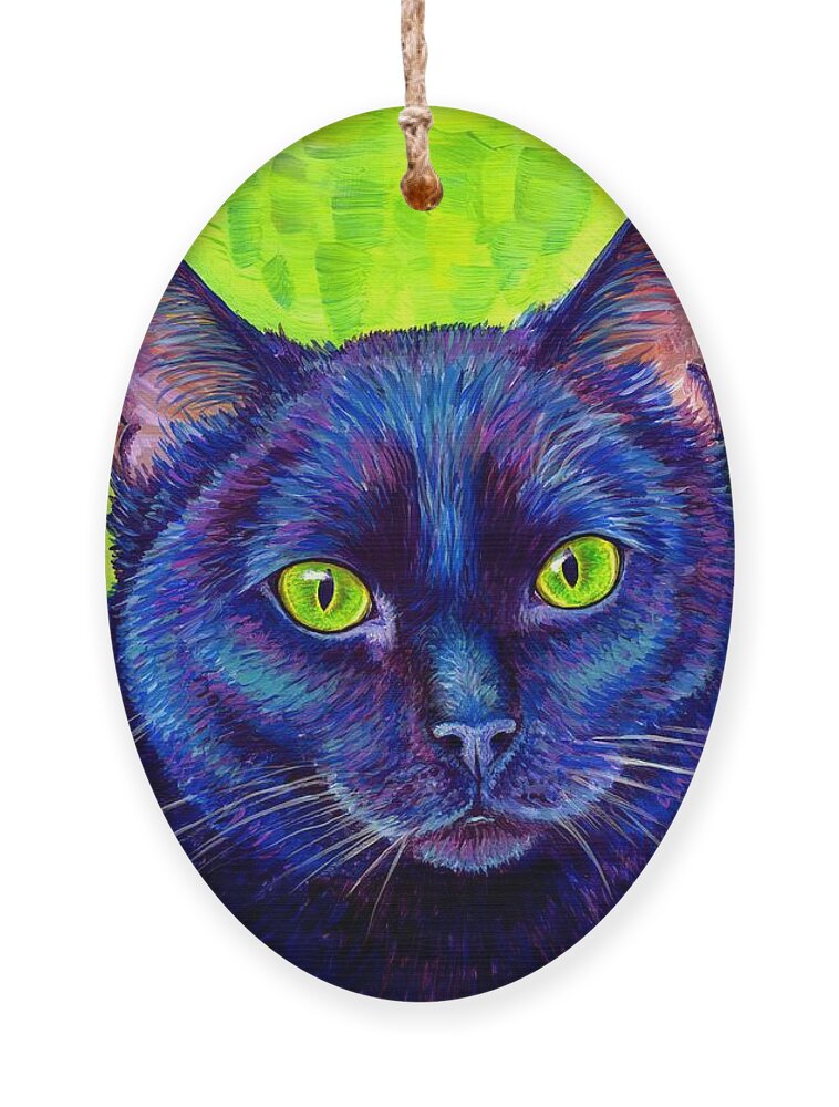 Cat Ornament featuring the painting Black Cat with Chartreuse Eyes by Rebecca Wang