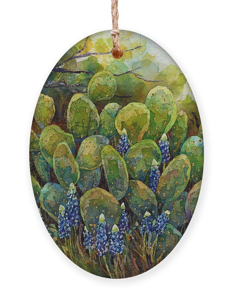 Cactus Ornament featuring the painting Bluebonnets and Cactus 2 by Hailey E Herrera
