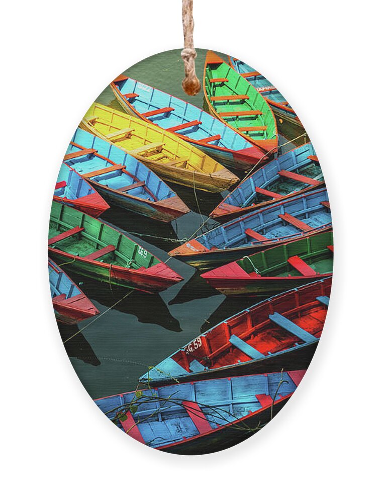 Rowboats Ornament featuring the photograph Boats of Primary Colors by Leslie Struxness
