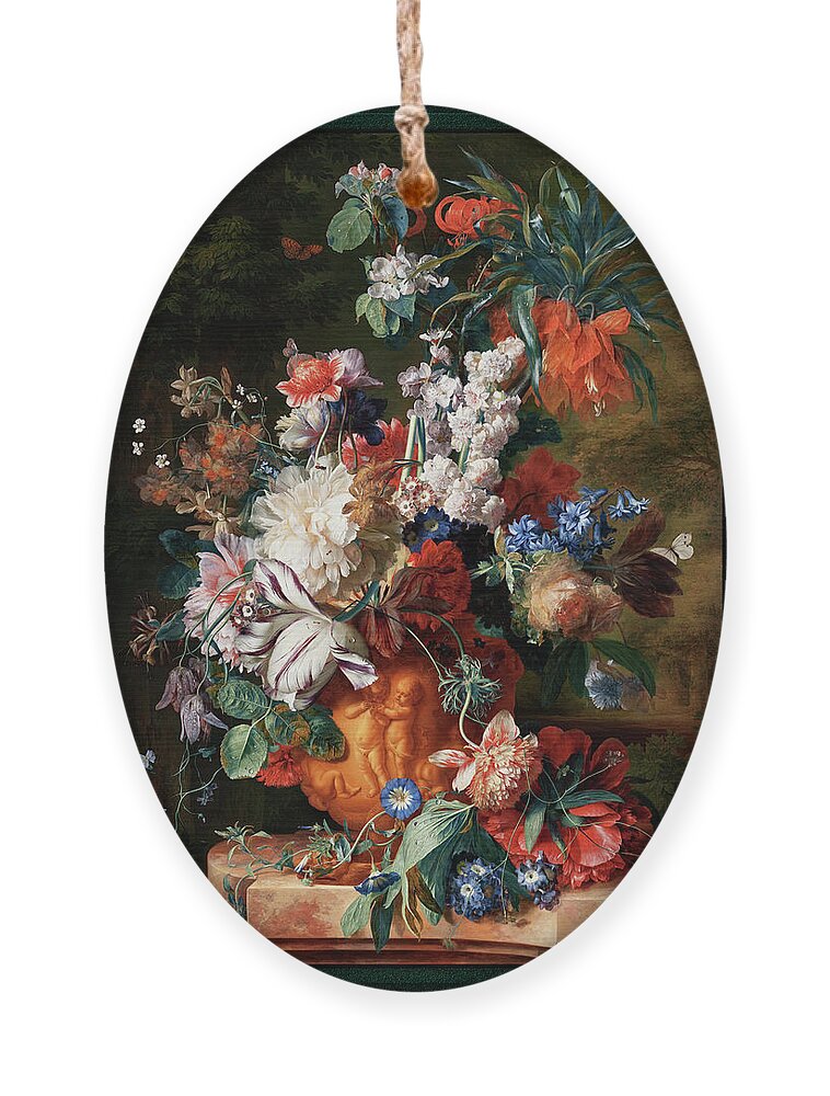 Bouquet Of Flowers In An Urn Ornament featuring the painting Bouquet Of Flowers In An Urn by Jan van Huysum by Rolando Burbon