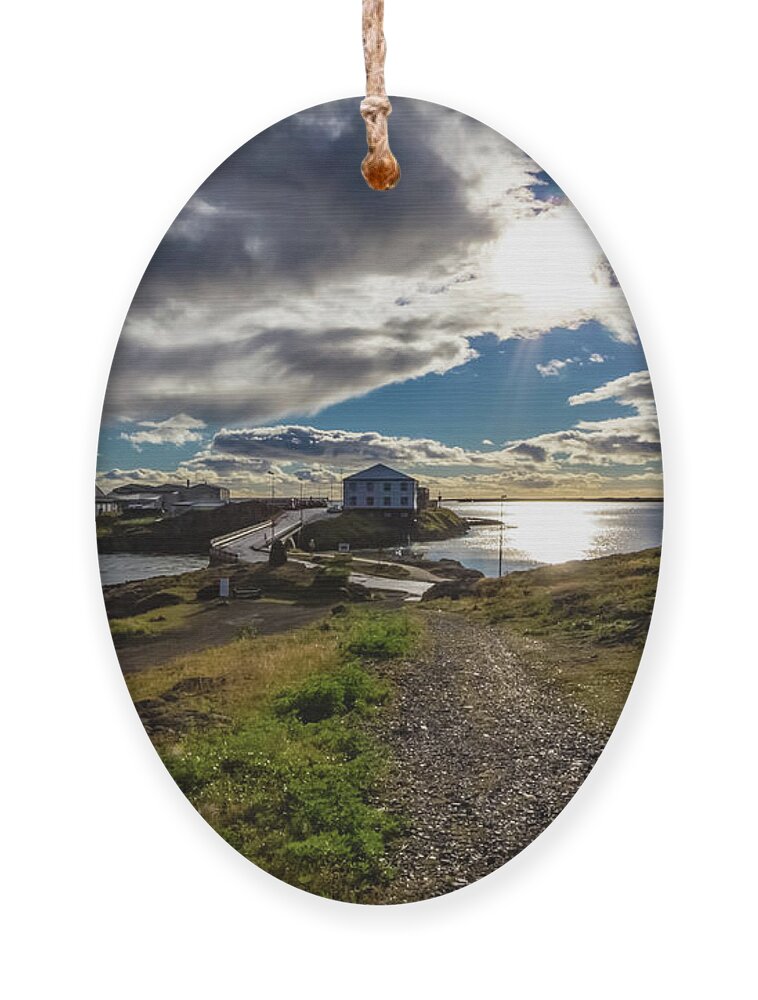 Island Ornament featuring the photograph Brakarey island, Borgarnes, Iceland by Lyl Dil Creations