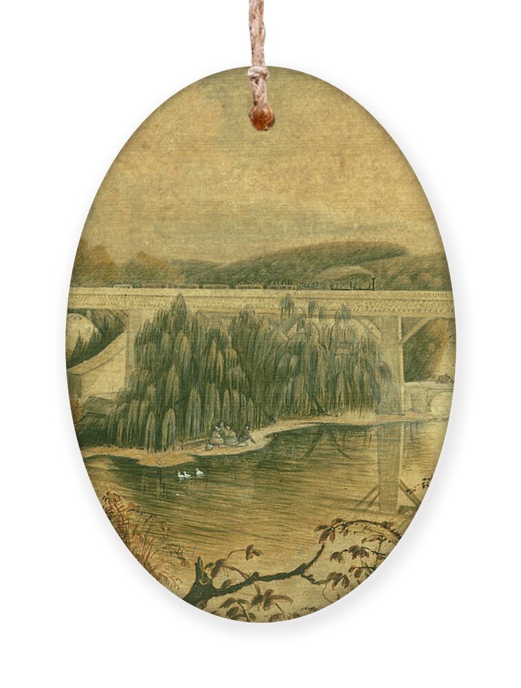 Bridge Ornament featuring the drawing Bridge over the Wissahickon Creek, about 1835 by William Breton