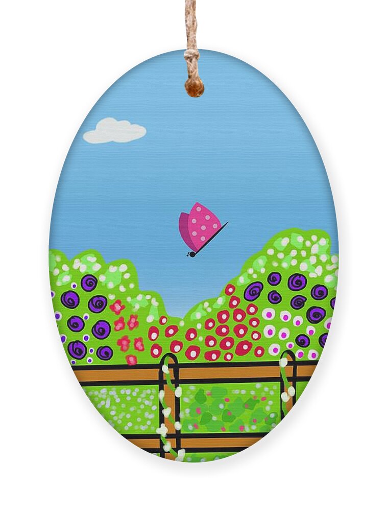 Peaceful Ornament featuring the digital art Peaceful Garden Flowers and Butterflies by Barefoot Bodeez Art