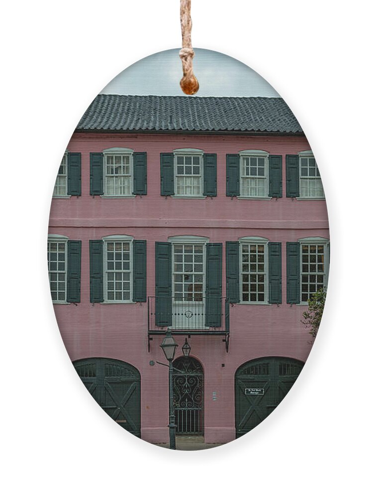 Pink House Ornament featuring the photograph Charleston Rainbow Row Pink House - Georgian Row Houses by Dale Powell